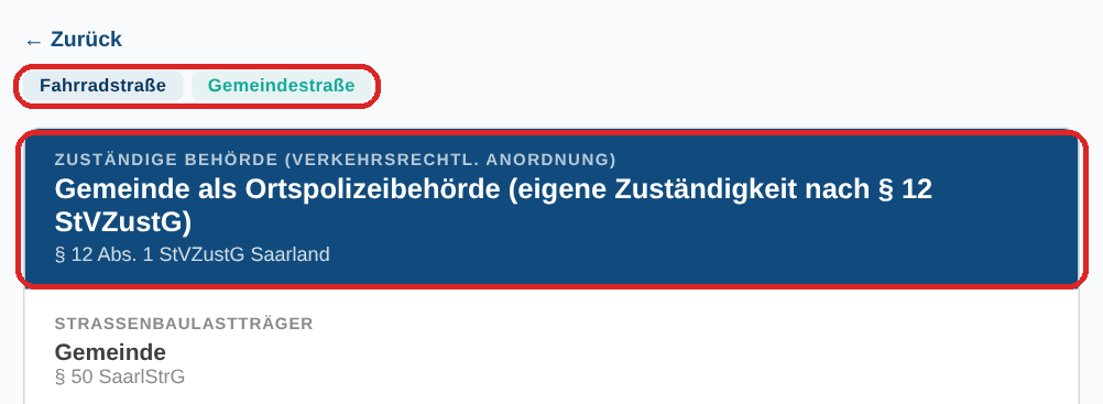 Ergebnis in Zuständigkeiten: zuständige Behörde, Baulastträger, Rechtsgrundlage